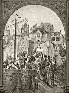 St. Ursula und ihre Gefährtinnen kommen in Köln an, nach einem Fragment des Reliquiars aus dem 15. Jahrhundert in Brügge, aus 